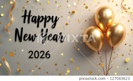 Elegant Happy New Year 2026 Celebration with Golden Balloons and Confetti Background 127083623
