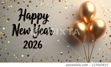 Elegant Happy New Year 2026 Celebration with Golden Balloons and Confetti 127083637