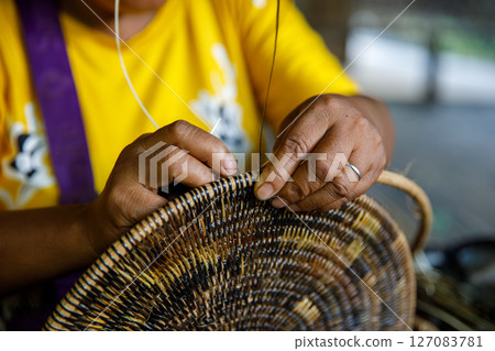 Mangyan Village Talipanan Oriental Mindoro Philippines closeup of hands weaving basket from bamboo fibers 127083781