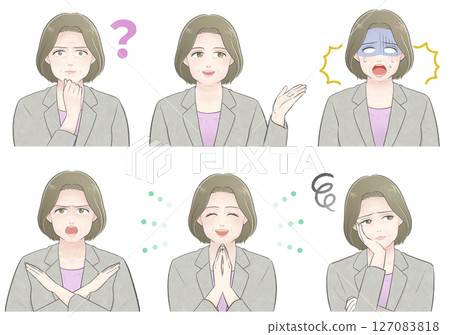 Bust-up set illustration of a plump middle-aged woman in a light gray suit Bust-up set illustration of a plump middle-aged woman in a light gray suit 127083818