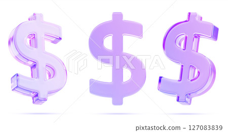 Glass holographic dollar sign in different angles. Render 3d set of American money symbols with purple gradient. USD currency, business finance, online casino app design elements. 3D illustration 127083839