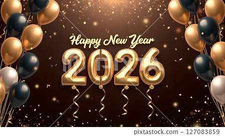 Festive Happy New Year 2026 Celebration with Golden Balloons and Confetti Festive Happy New Year 2026 Celebration with Golden Balloons and Confetti 127083859
