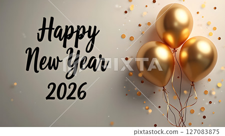 Elegant Happy New Year 2026 Celebration with Golden Balloons and Confetti Elegant Happy New Year 2026 Celebration with Golden Balloons and Confetti 127083875
