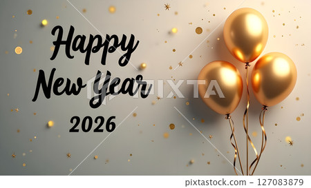 Elegant Happy New Year 2026 Celebration Image with Golden Balloons and Confetti 127083879