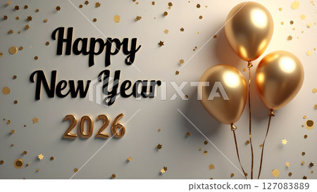 Elegant Happy New Year 2026 Celebration with Golden Balloons and Confetti Decoration 127083889