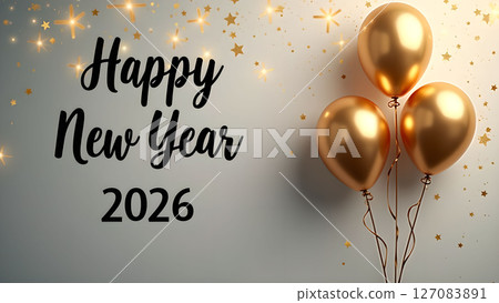 Elegant and festive happy new year 2026 celebration with golden balloons background 127083891