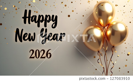 Festive Happy New Year 2026 Celebration with Golden Balloons and Confetti Sparkle 127083910