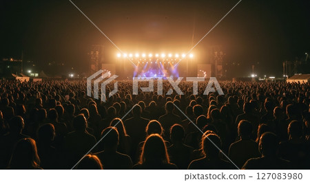 Wide angle landscape perspective of dense crowd facing distant stage with glowing lights creating atmospheric haze horizon 127083980