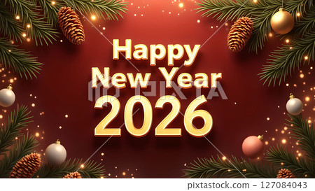 Festive Happy New Year 2026 greeting card with ornaments and pine branches Festive Happy New Year 2026 greeting card with ornaments and pine branches 127084043
