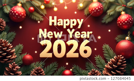 Festive Happy New Year 2026 Celebration with Holiday Ornaments and Decorations 127084045