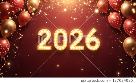 Festive 2026 New Year Celebration with Balloons and Sparkling Lights Backdrop Festive 2026 New Year Celebration with Balloons and Sparkling Lights Backdrop 127084050