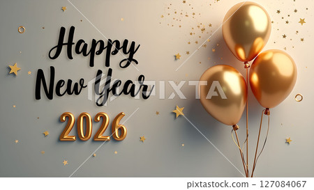 Elegant Happy New Year 2026 Celebration with Golden Balloons and Sparkling Stars 127084067