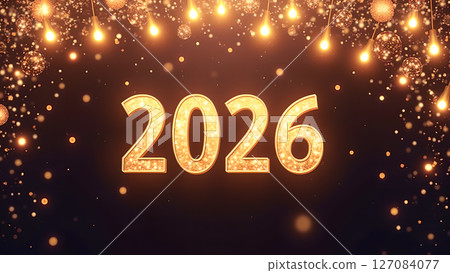 Radiant golden 2026 new year celebration, sparkling lights and shimmering dots Radiant golden 2026 new year celebration, sparkling lights and shimmering dots 127084077
