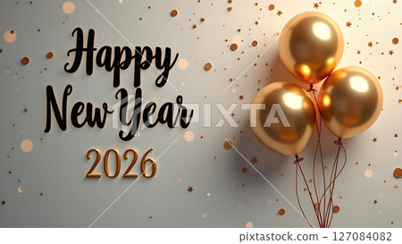 Festive new year 2026 celebration with golden balloons and confetti background Festive new year 2026 celebration with golden balloons and confetti background 127084082