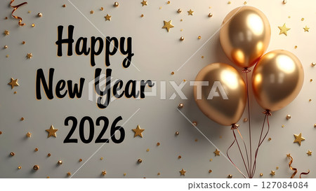 Elegant Happy New Year 2026 Celebration Design with Golden Balloons and Confetti Elegant Happy New Year 2026 Celebration Design with Golden Balloons and Confetti 127084084