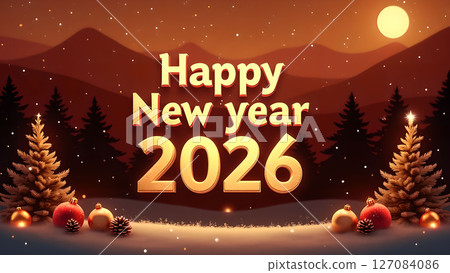 Festive Happy New Year 2026 Illustration with Christmas Trees and Mountains 127084086