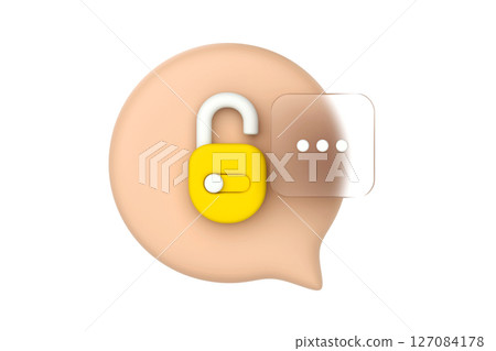 Open padlock icon inside speech bubble, symbolizing secure communication, encrypted messaging, privacy in chats, and confidential conversation, 3d rendering 127084178
