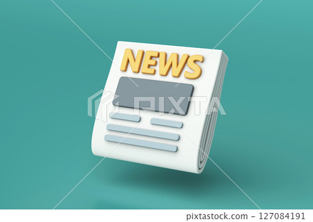 Newspaper icon with bold NEWS headline, symbolizing journalism, press, announcement, or daily information update in minimal style, 3d rendering 127084191