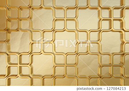 Elegant gold ornamental pattern with interlocking quatrefoil shapes in luxurious metallic finish, conveys opulence and sophistication, 3d rendering 127084213