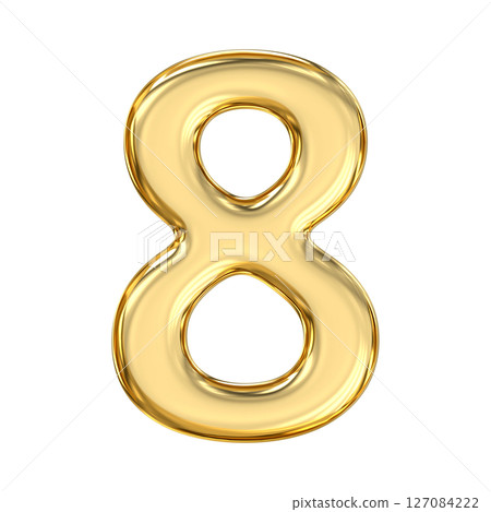 Golden Number 8, pristine, glossy golden number eight glows with power and abundance, symbolizing infinity and refined balance in golden brilliance, 3d rendering 127084222