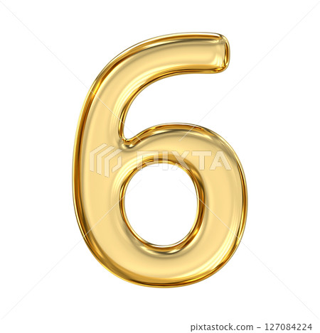 Golden Number 6, pristine, glossy golden number six shimmers with nurturing warmth, expressing harmony, care, and refined beauty, 3d rendering 127084224