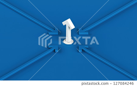Navigating the core, Symbolic representation of central point receiving focus from all directions, Number one choice decision direction goal target success blue arrow, 3d rendering 127084246