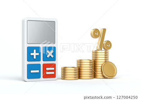 Calculating Growth, calculator and stacks of gold coins with percentage symbol, symbolizing financial growth, investment returns, and interest calculations, 3d rendering 127084250