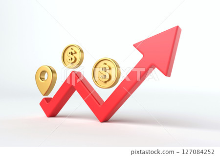 Minimal icon featuring red upward arrow, gold dollar coins, and location pin, symbolizing financial growth, investment success, or business expansion, 3d rendering 127084252