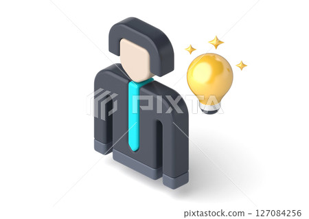 Minimal icon of businessman with glowing light bulb, symbolizing innovation, creativity, and ideas, The character in professional outfit with modern, 3d rendering 127084256