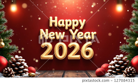 Festive Happy New Year 2026 Background with Christmas Tree and Ornament Elements Festive Happy New Year 2026 Background with Christmas Tree and Ornament Elements 127084315