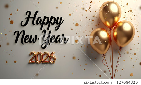 Festive Happy New Year 2026 Celebration with Golden Balloons and Confetti Festive Happy New Year 2026 Celebration with Golden Balloons and Confetti 127084329