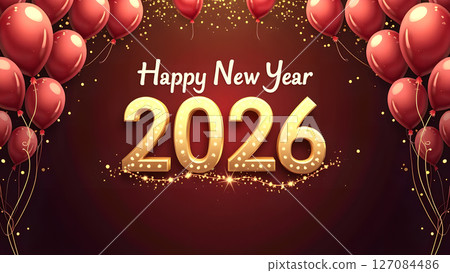 Elegant Happy New Year 2026 celebration background with golden numbers and balloons 127084486
