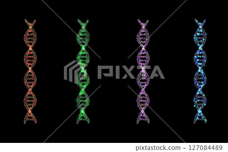 Set of digital dna helixs or genome structures with shining light 127084489