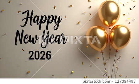 Elegant and festive Happy New Year 2026 celebration with golden balloons Elegant and festive Happy New Year 2026 celebration with golden balloons 127084493