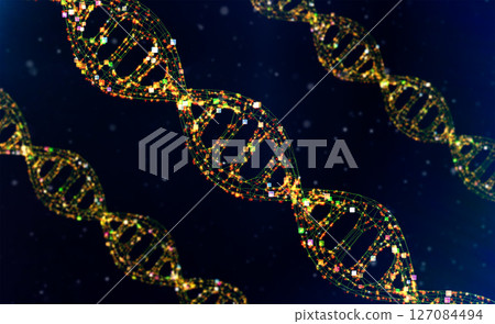 Set of digital dna helixs or genome structures with shining light 127084494