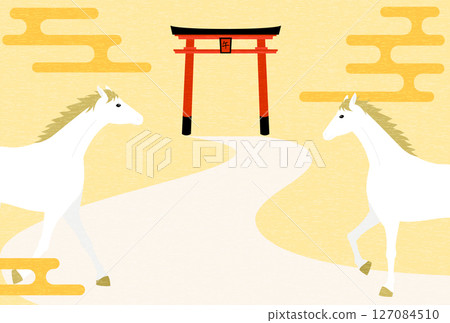 2026 馬年新年賀卡，新年第一次參拜時，駿馬走向神社的鳥居，新年明信片材料 127084510