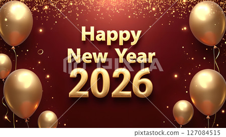 Festive Happy New Year 2026 celebration with gold balloons and glittering lights 127084515