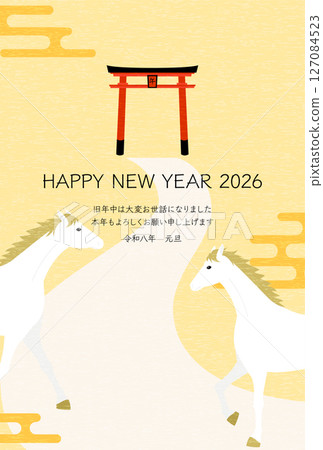 2026 馬年新年賀卡，新年第一次參拜時，駿馬走向神社的鳥居，新年明信片材料 127084523