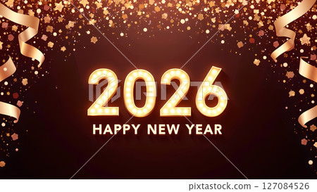 Elegant 2026 New Year Celebration with Gold Confetti and Ribbon Accents 127084526