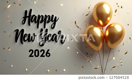 Elegant Happy New Year 2026 celebration with golden balloons and confetti backdrop 127084528