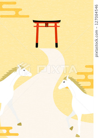 2026 馬年新年賀卡，新年第一次參拜時，駿馬走向神社的鳥居，新年明信片材料 127084546