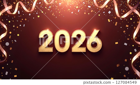 Elegant golden 2026 new year celebration background with ribbons and confetti 127084549