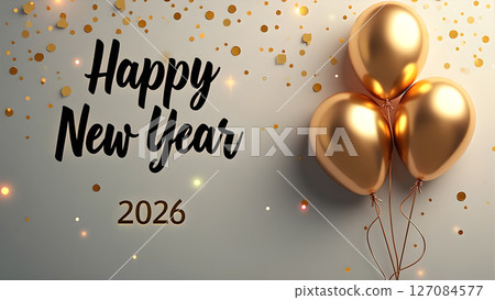Elegant Happy New Year 2026 Celebration Design with Golden Balloons and Confetti Elegant Happy New Year 2026 Celebration Design with Golden Balloons and Confetti 127084577