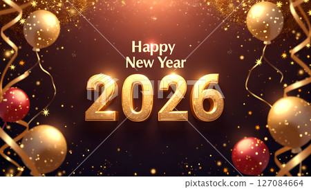 Festive and Golden 2026 Happy New Year Celebration with Balloons and Sparkles 127084664