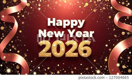 Festive Happy New Year 2026 Celebration with Golden Glitter and Flowing Ribbons 127084665