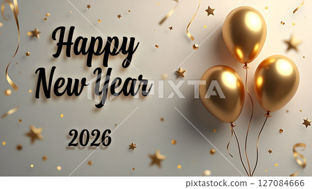 Elegant 'Happy New Year 2026' celebration with golden balloons and confetti 127084666