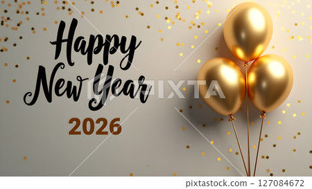Festive happy new year 2026 celebration with golden balloons and confetti Festive happy new year 2026 celebration with golden balloons and confetti 127084672