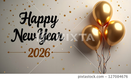 Elegant Happy New Year 2026 Celebration with Golden Balloons and Sparkling Stars Elegant Happy New Year 2026 Celebration with Golden Balloons and Sparkling Stars 127084676