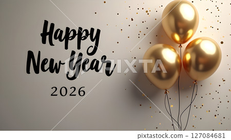 Elegant Happy New Year 2026 celebration with golden balloons and confetti details 127084681