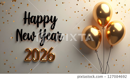 Festive Happy New Year 2026 Celebration with Golden Balloons and Confetti Background Festive Happy New Year 2026 Celebration with Golden Balloons and Confetti Background 127084692